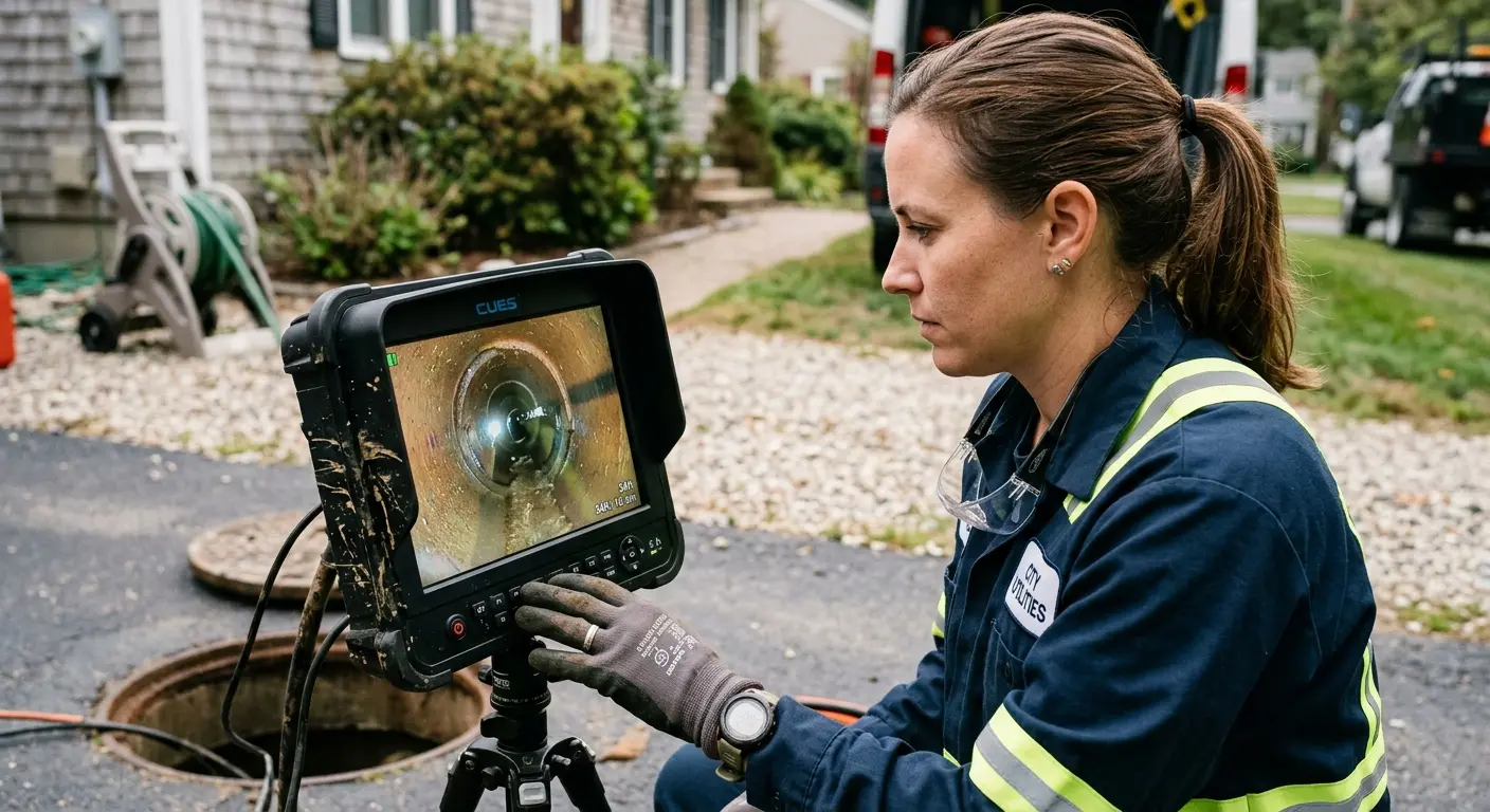 Technician reviewing sewer camera inspection footage in Weldon Spring