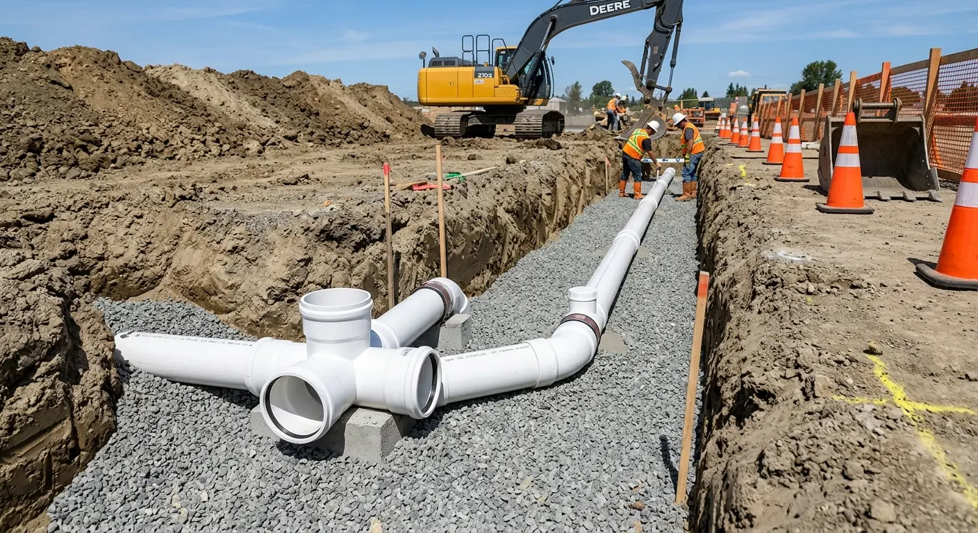 New PVC sewer pipe installation in open trench for Grease Trap Cleaning in Weldon Spring