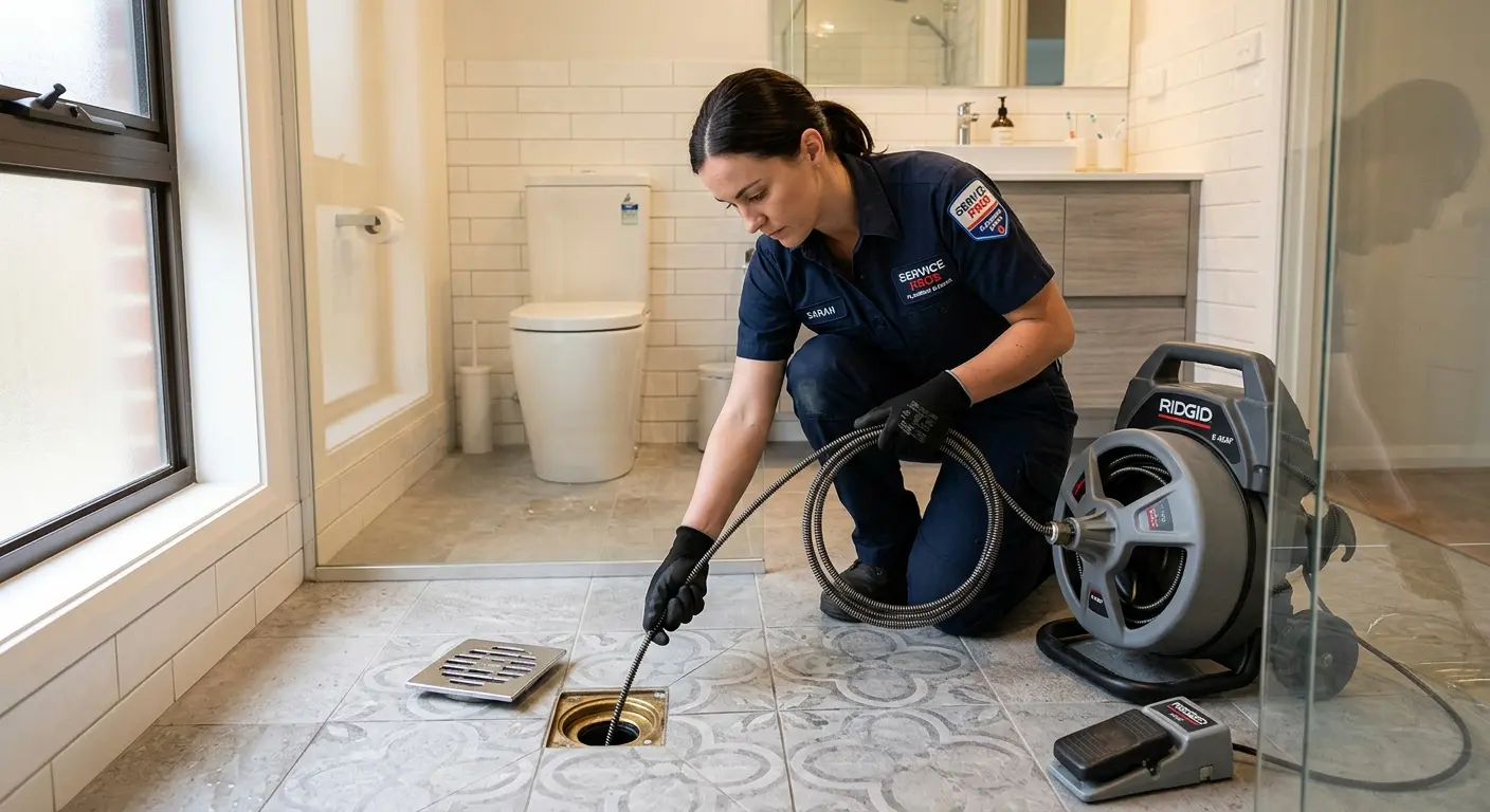Technician clearing a bathroom floor drain for Hydro Jetting in Weldon Spring